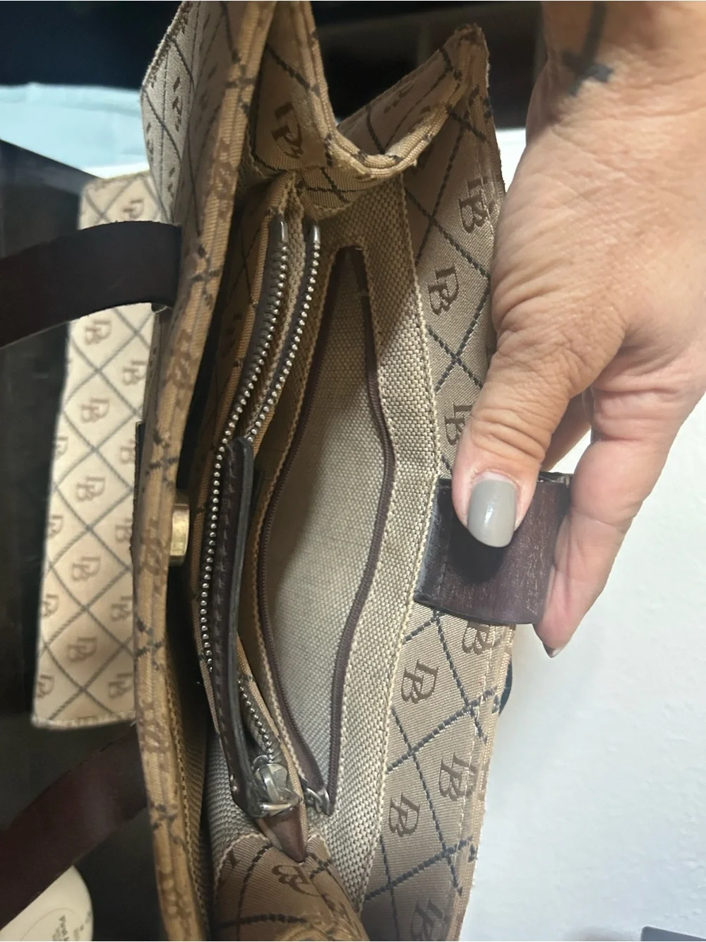 Dooney & Bourke Beige Canvas Monogram Tote with Brown Straps
